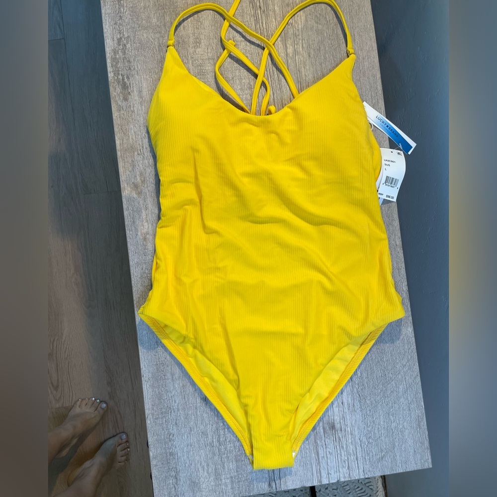 Lucky Brand women’s Bright Yellow One-Piece Swimsuit with Strappy Back